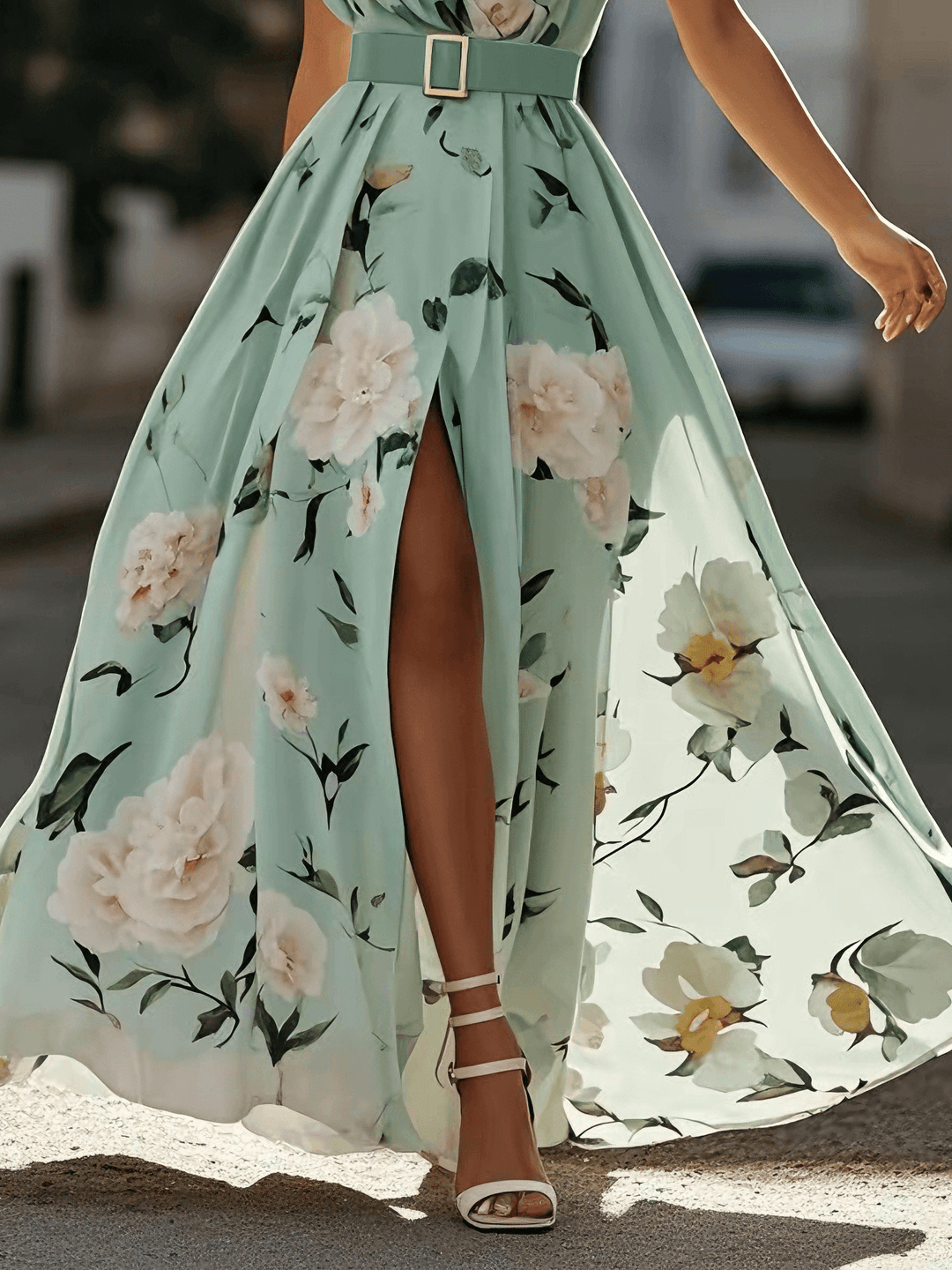 Margherita | Abito Maxi Chiffon Floreale a Spalle Scoperte Verde Chiaro