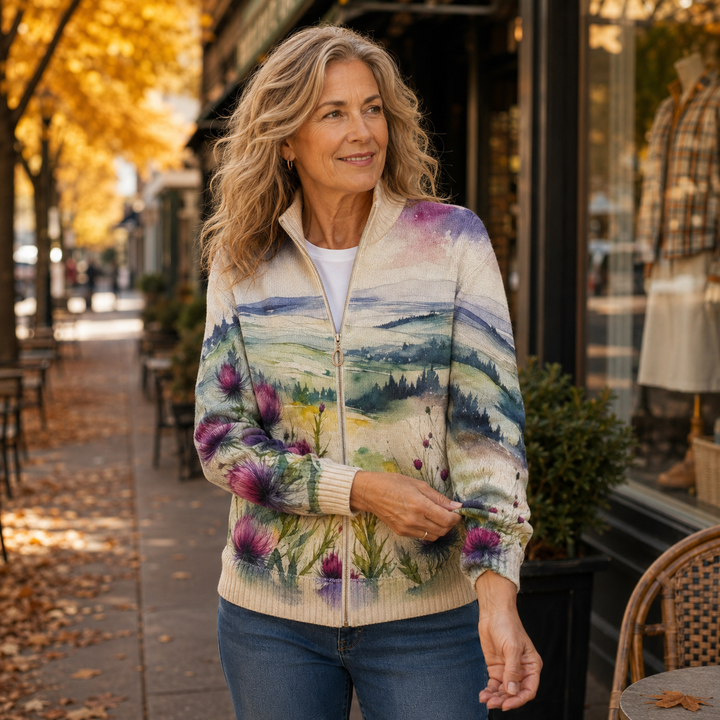 Fedora | Cardigan con zip, paesaggio e cardi in fiore