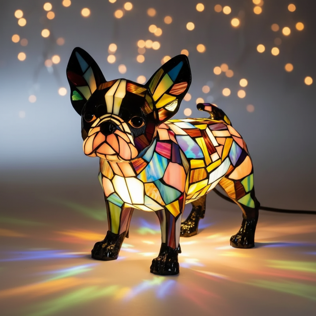 Boston Terrier – lampada decorativa a forma di Boston Terrier con effetto vetro colorato