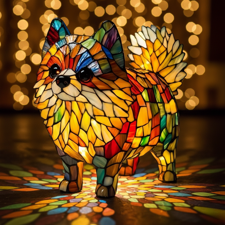 Volpino di Pomerania – lampada decorativa a forma di Volpino di Pomerania con effetto vetro colorato