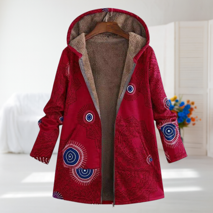 Luciana | Giacca in pile rossa con cappuccio e motivo mandala