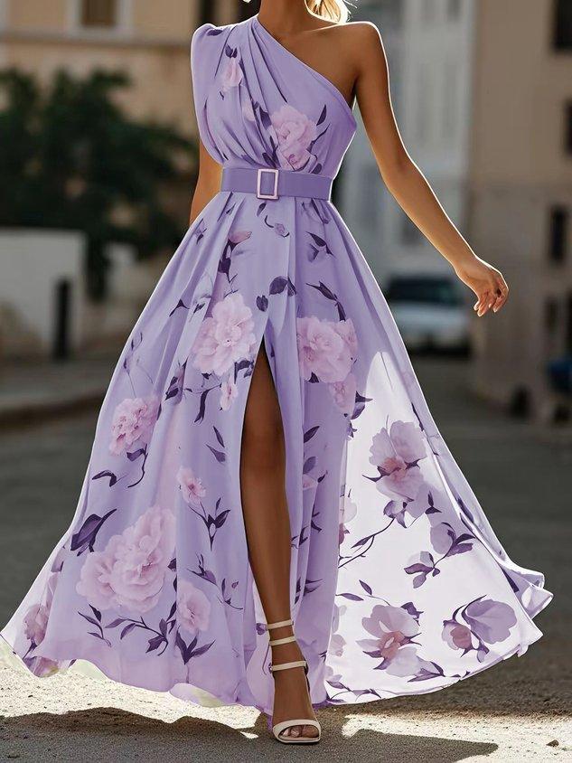 Margherita | Abito Maxi Chiffon Floreale a Spalle Scoperte Verde Chiaro