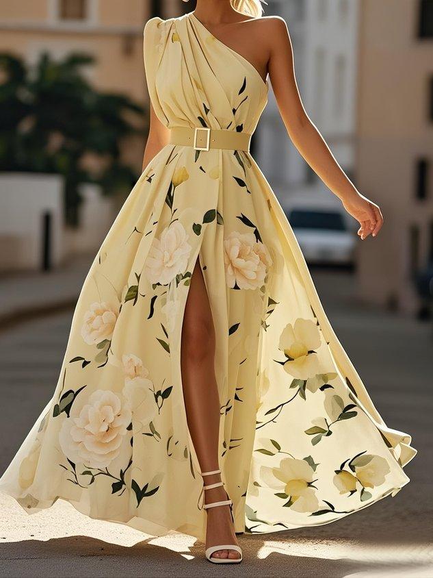 Margherita | Abito Maxi Chiffon Floreale a Spalle Scoperte Verde Chiaro
