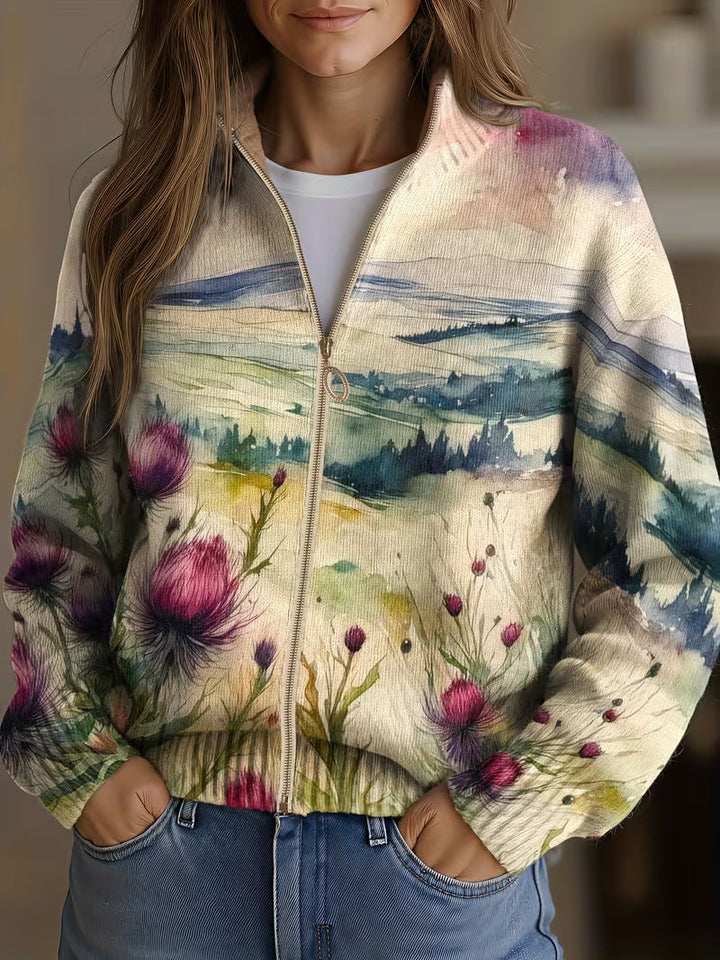 Fedora | Cardigan con zip, paesaggio e cardi in fiore