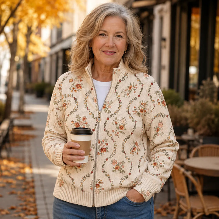 Elvira | Cardigan con zip e tralci fioriti su fondo crema
