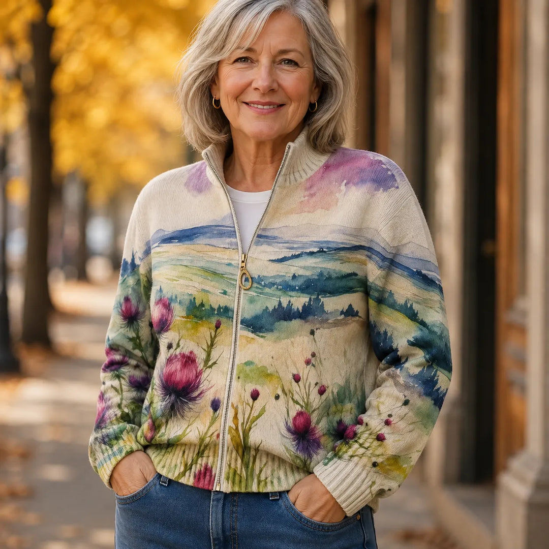 Fedora | Cardigan con zip, paesaggio e cardi in fiore