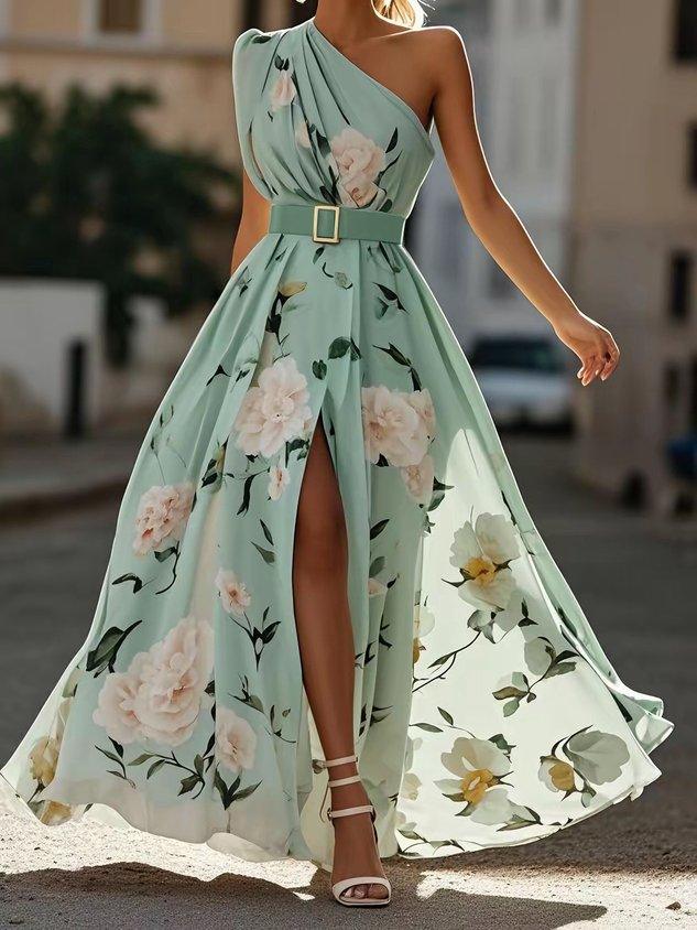 Margherita | Abito Maxi Chiffon Floreale a Spalle Scoperte Verde Chiaro