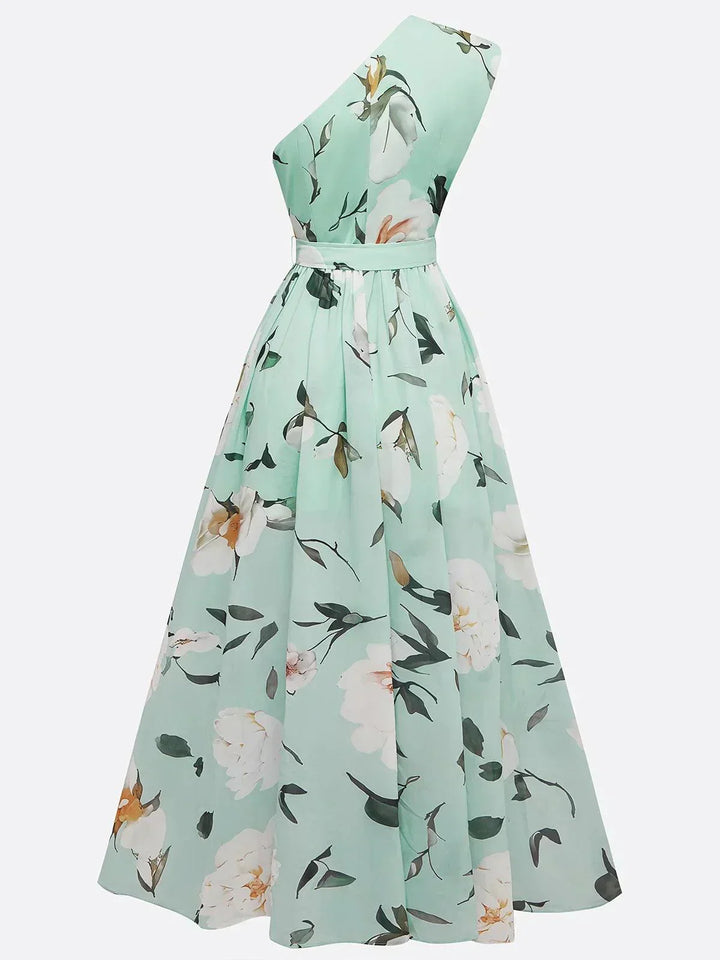 Margherita | Abito Maxi Chiffon Floreale a Spalle Scoperte Verde Chiaro