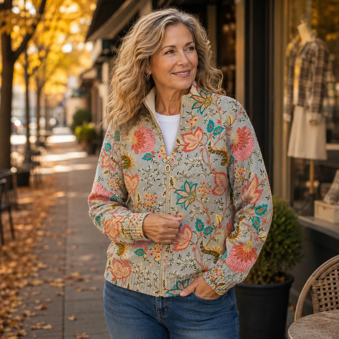 Elettra | Cardigan con zip e stampa giardino fiorito