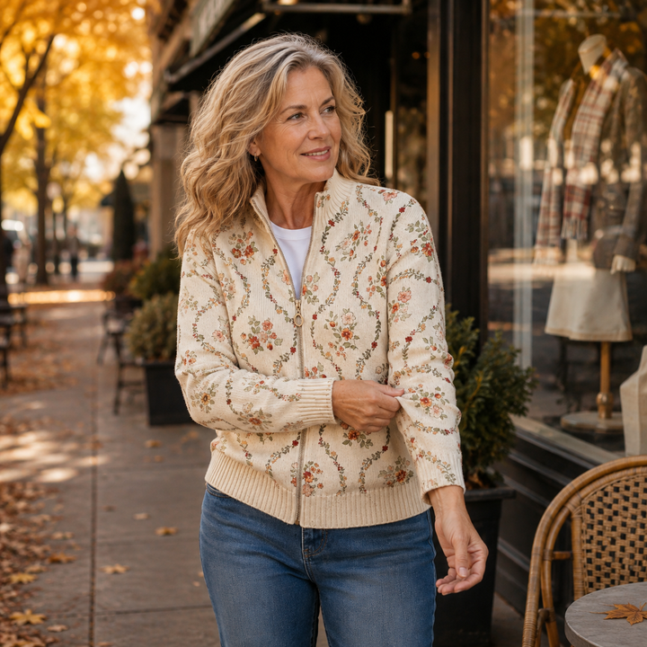 Elvira | Cardigan con zip e tralci fioriti su fondo crema
