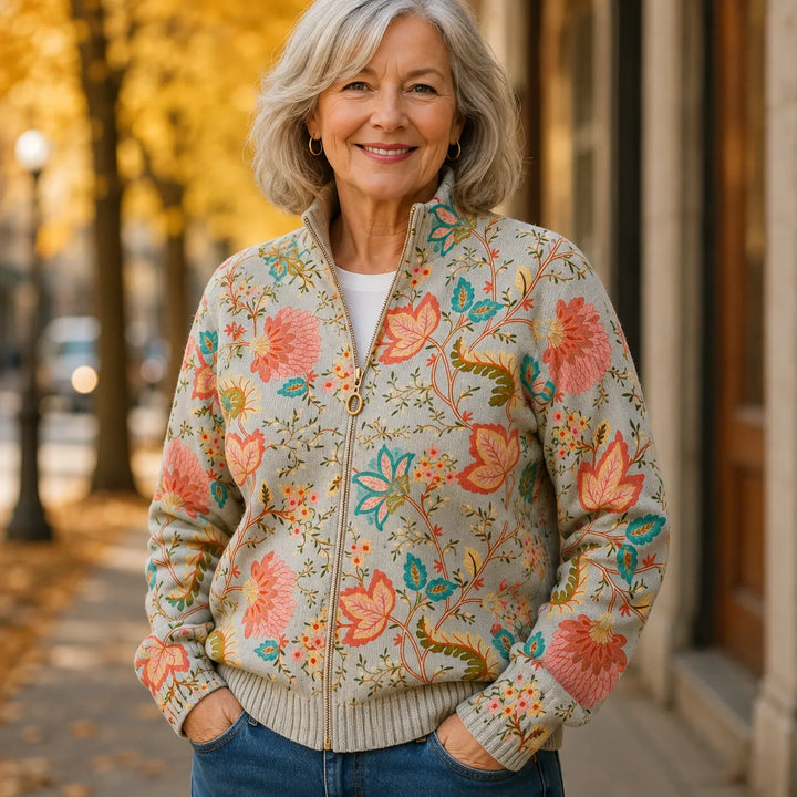 Elettra | Cardigan con zip e stampa giardino fiorito