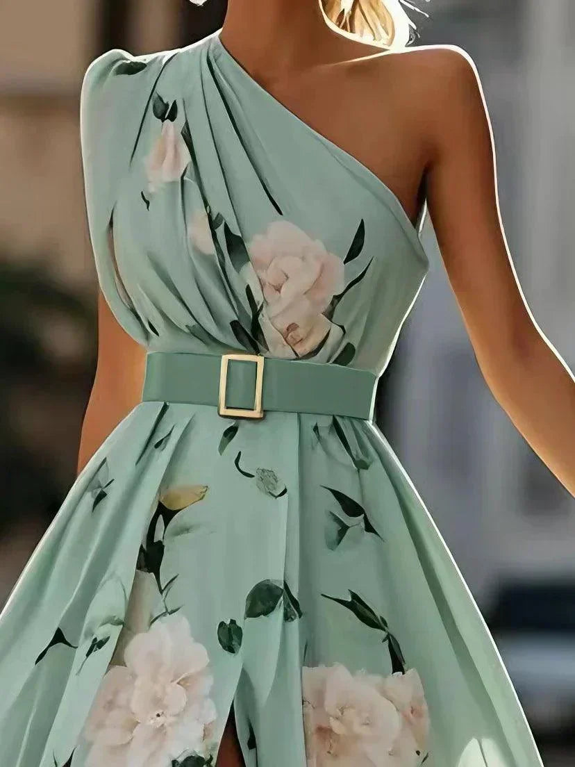 Margherita | Abito Maxi Chiffon Floreale a Spalle Scoperte Verde Chiaro
