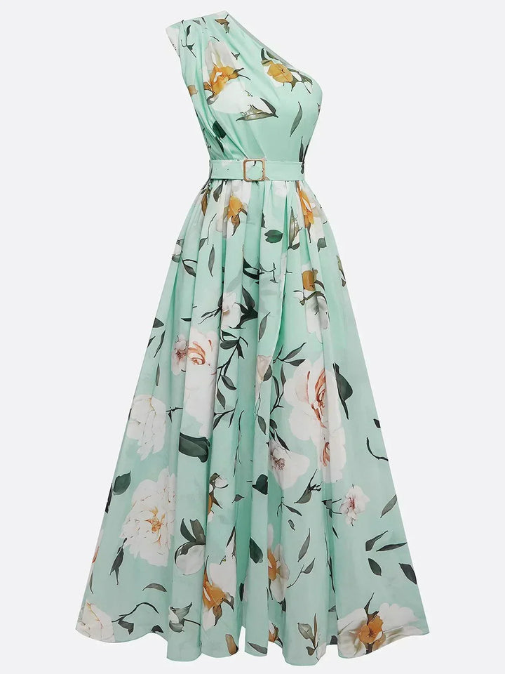 Margherita | Abito Maxi Chiffon Floreale a Spalle Scoperte Verde Chiaro
