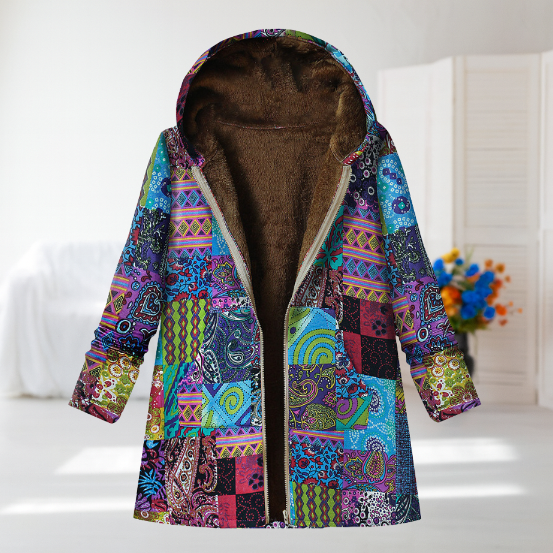 Germana | Giacca patchwork blu e viola con cappuccio