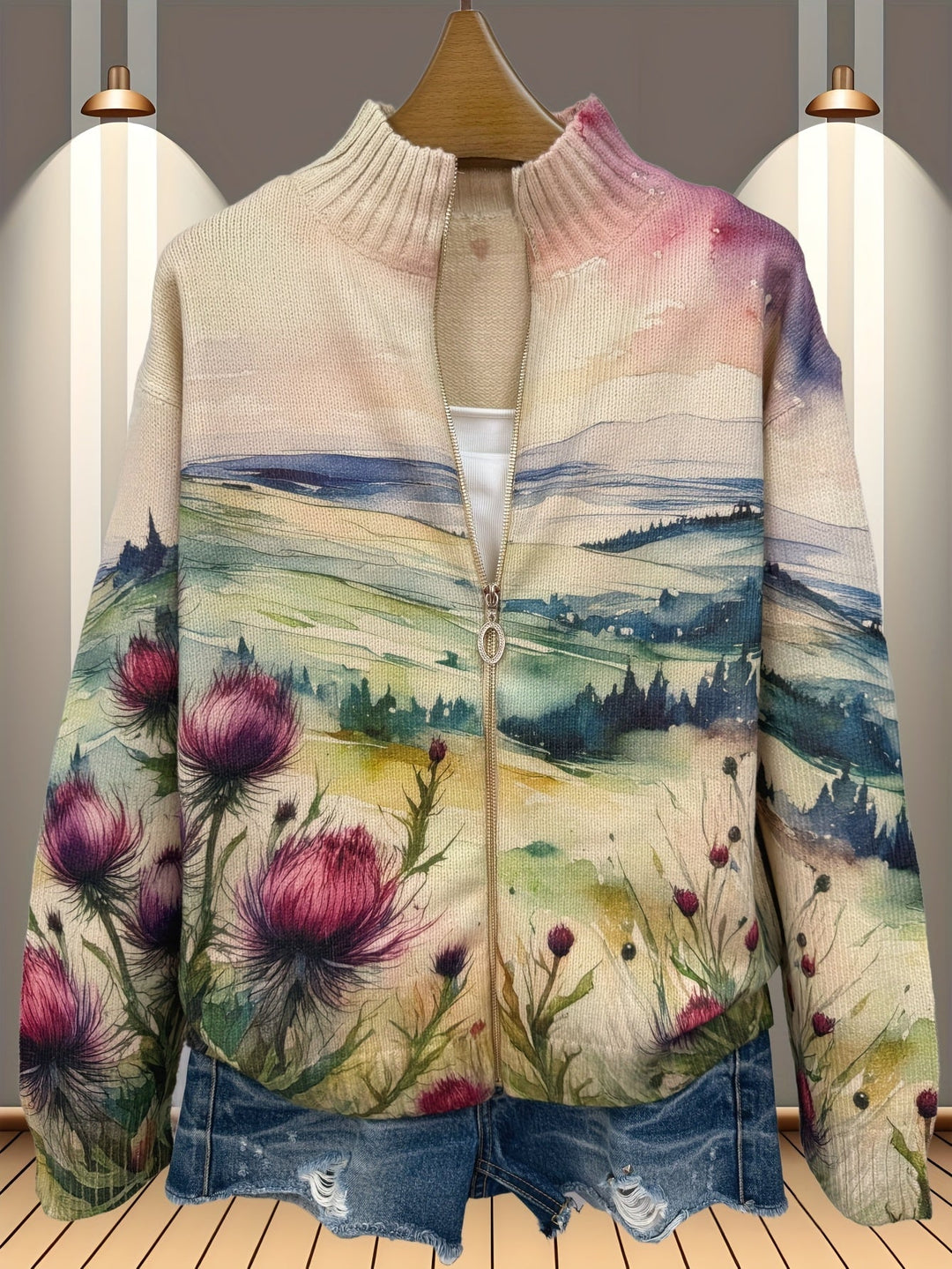 Fedora | Cardigan con zip, paesaggio e cardi in fiore