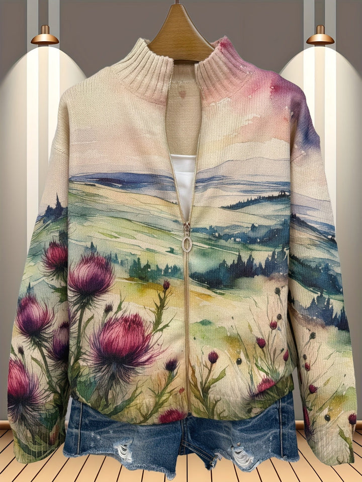Fedora | Cardigan con zip, paesaggio e cardi in fiore