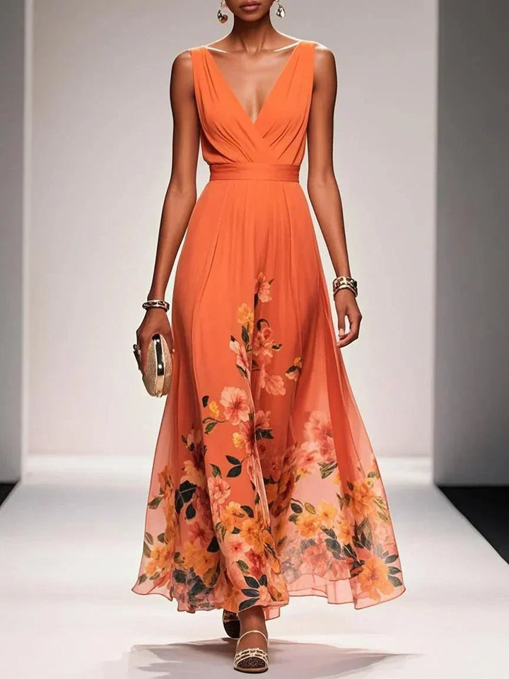 Rosa | Abito Maxi in Chiffon con Fiori Blu Chiaro e Scollatura a V