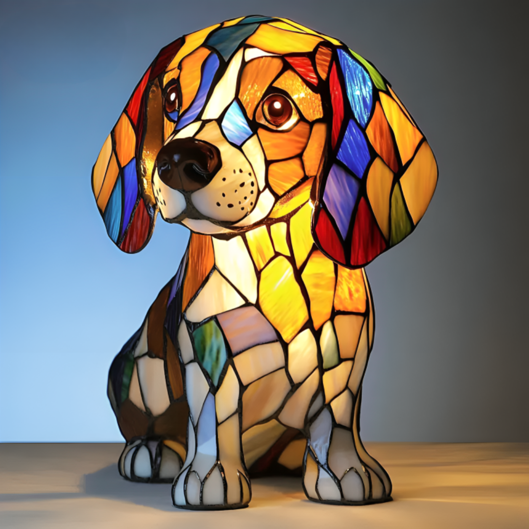Minoes – lampada incantata a forma di cane con effetto vetro colorato