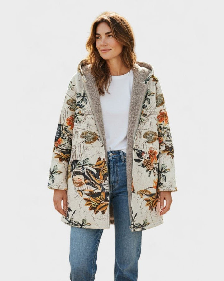 Liliana | Giacca sherpa crema e arancione a fiori boho