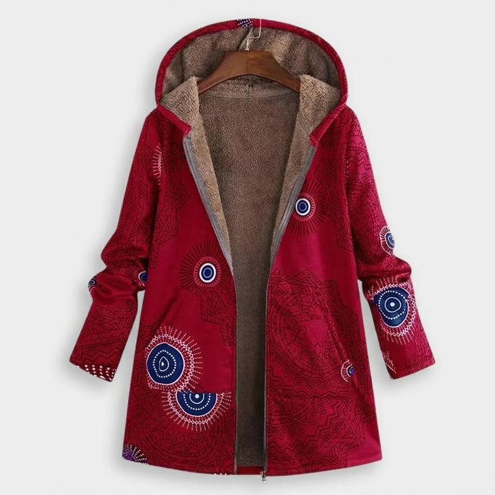 Luciana | Giacca in pile rossa con cappuccio e motivo mandala
