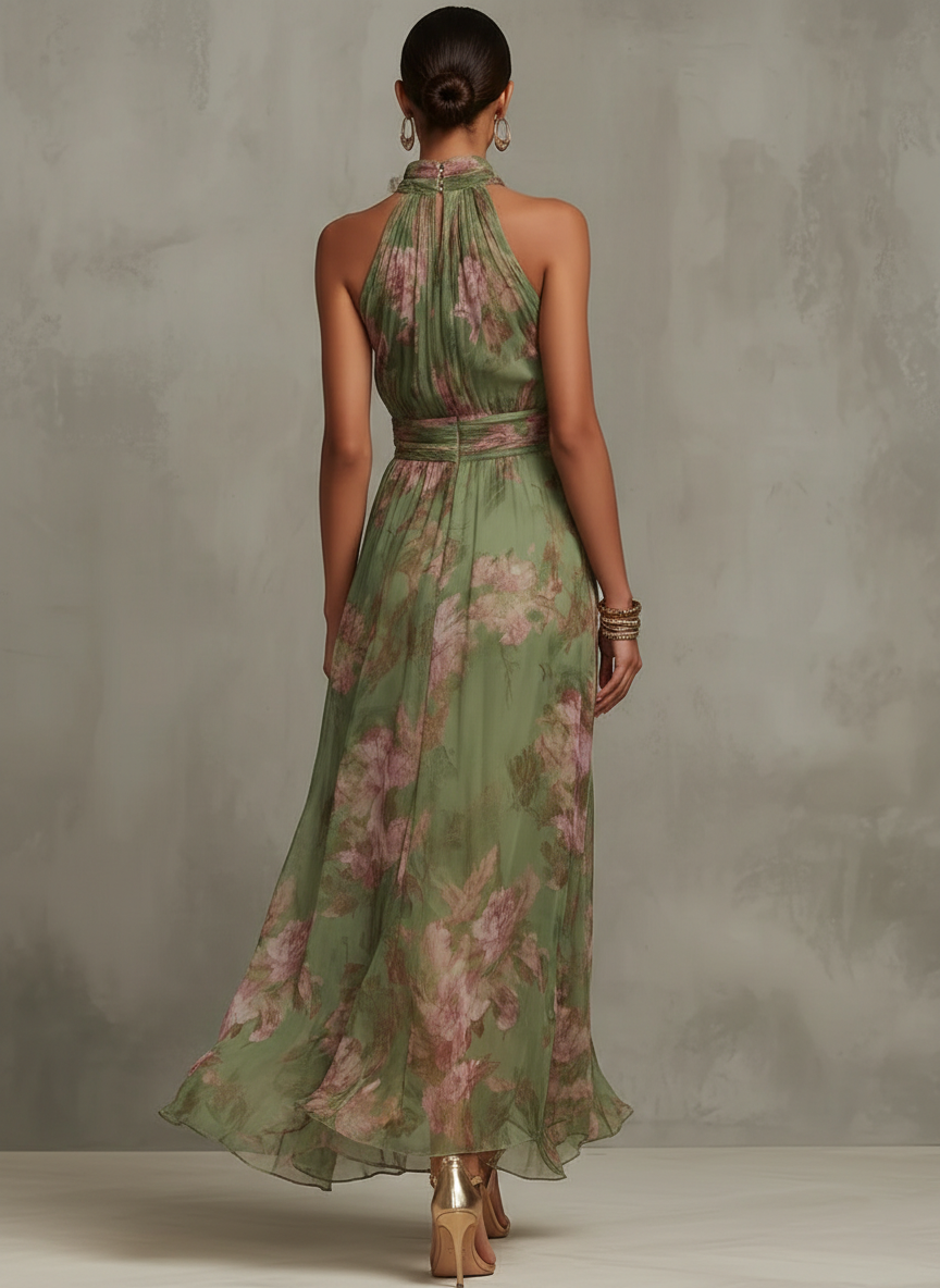 Elvira | Abito Maxi Chiffon Floreale Verde a Schiena Nuda