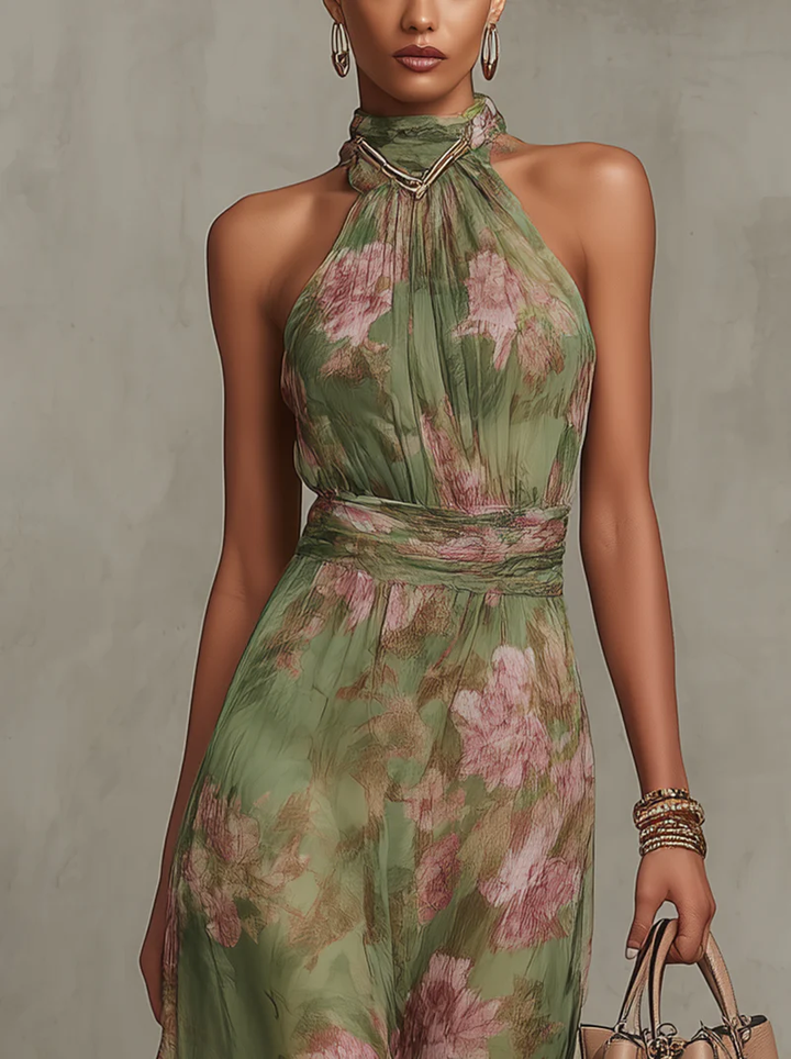 Elvira | Abito Maxi Chiffon Floreale Verde a Schiena Nuda