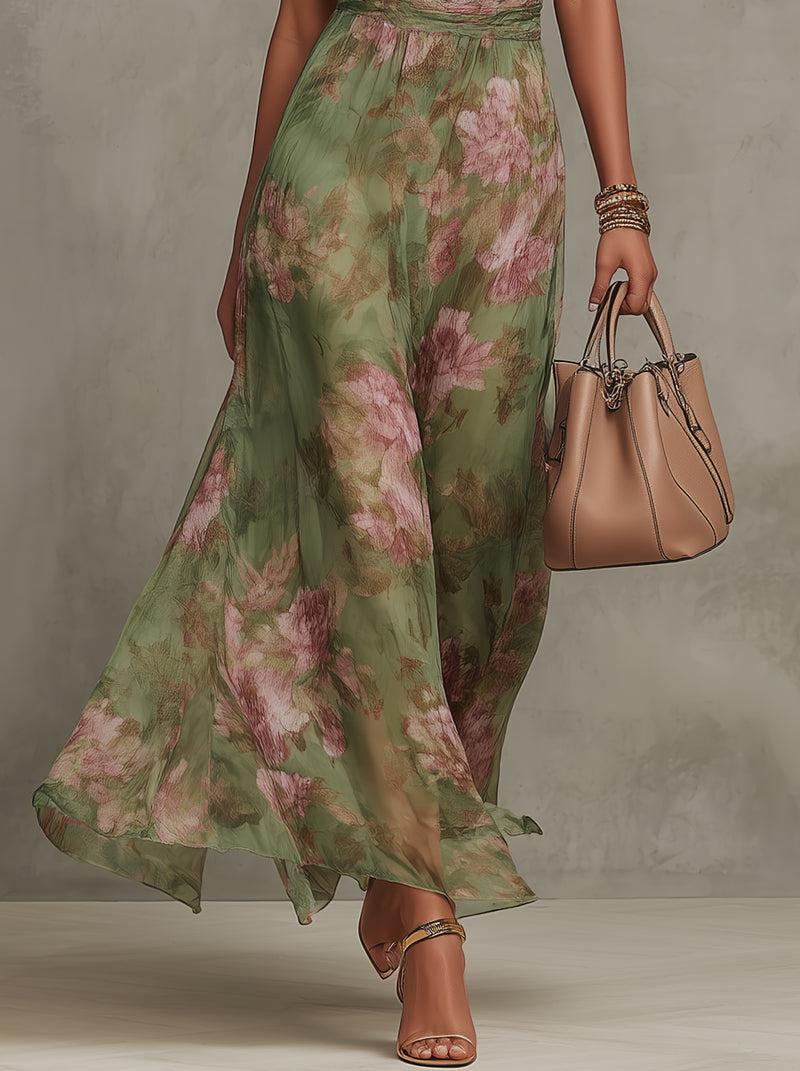 Elvira | Abito Maxi Chiffon Floreale Verde a Schiena Nuda