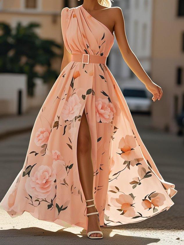 Margherita | Abito Maxi Chiffon Floreale a Spalle Scoperte Verde Chiaro