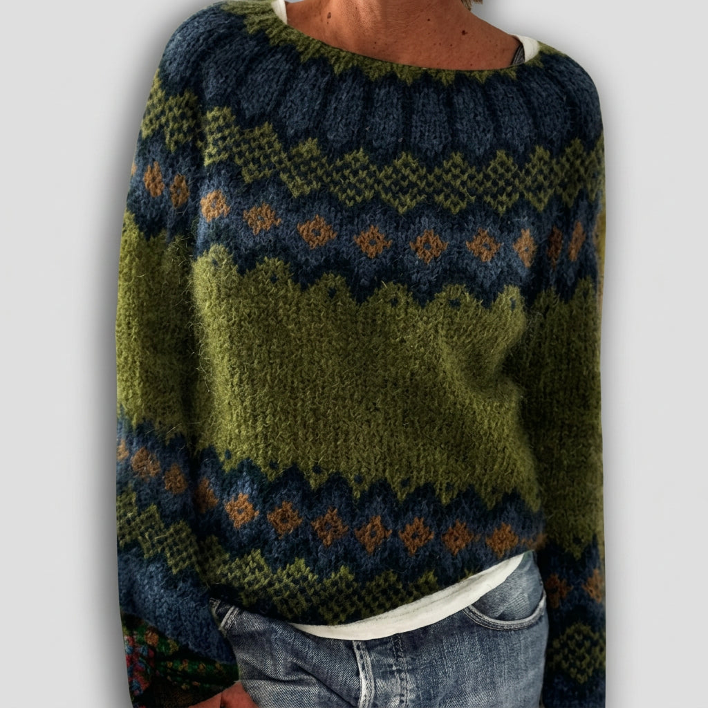Maglione verde oliva con sprone jacquard blu navy Adriana