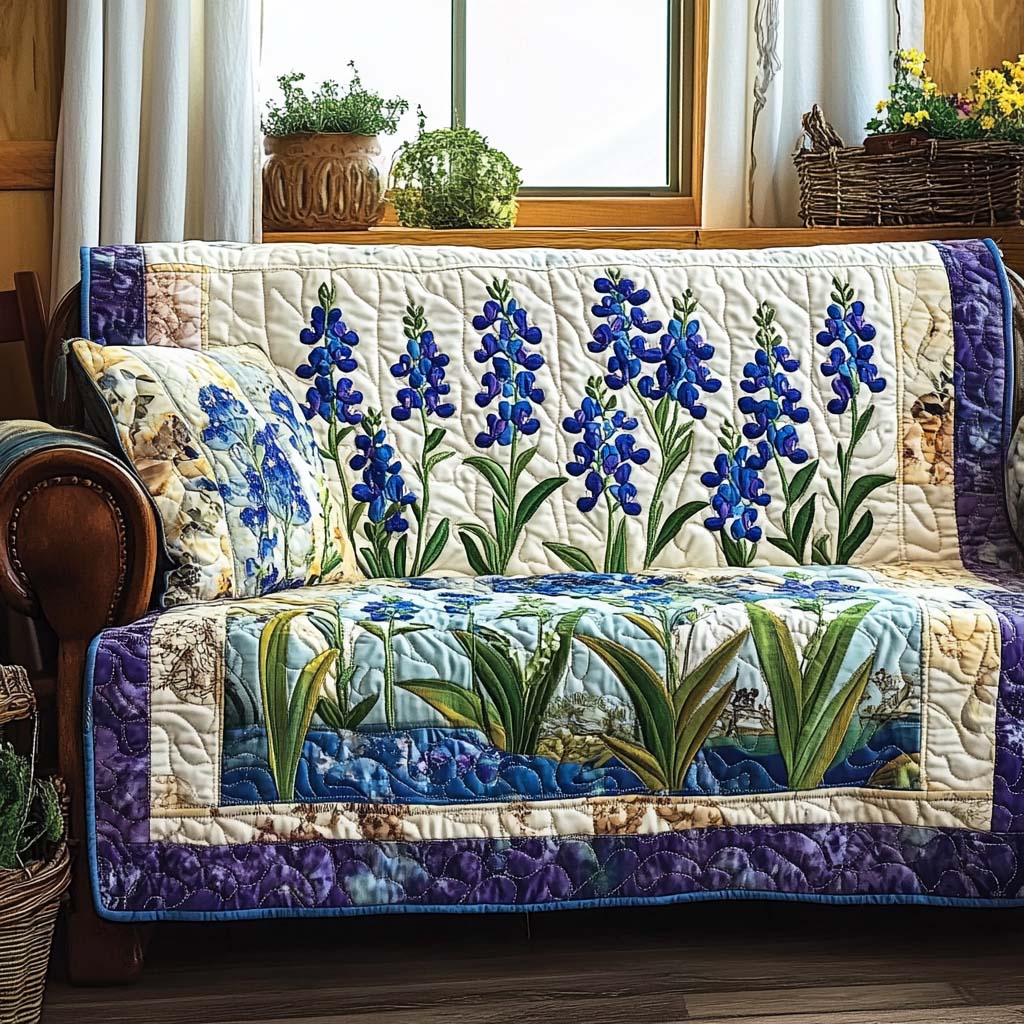 Asia – Copridivano Trapuntato Fiori Blu di Campo
