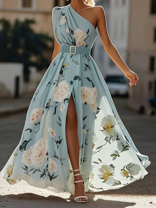 Margherita | Abito Maxi Chiffon Floreale a Spalle Scoperte Verde Chiaro