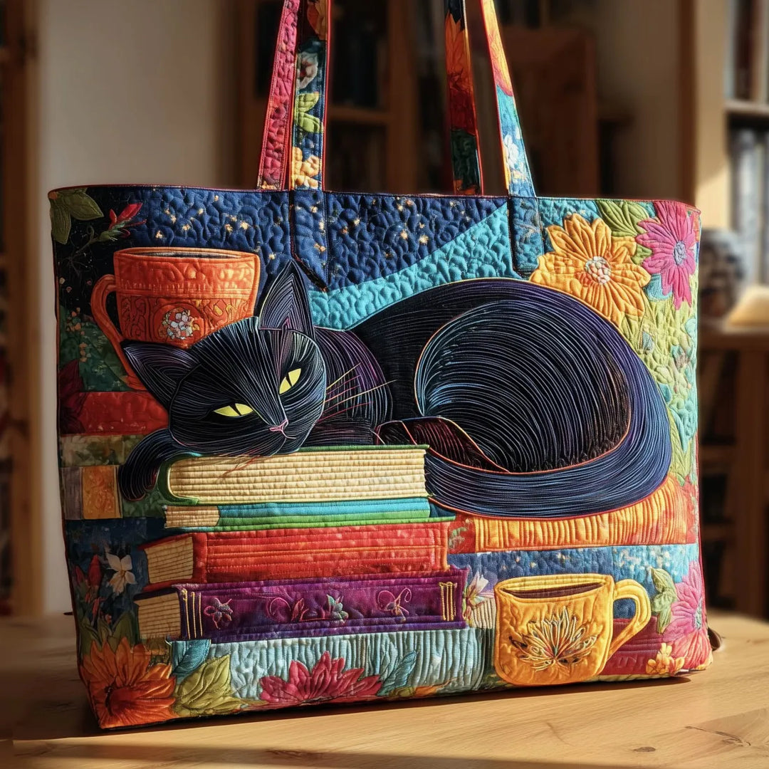 Borsa Artigianale – Gatto Nero con Libri e Tazza