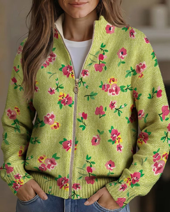 Donata | Cardigan con zip e fiori rosa su fondo lime