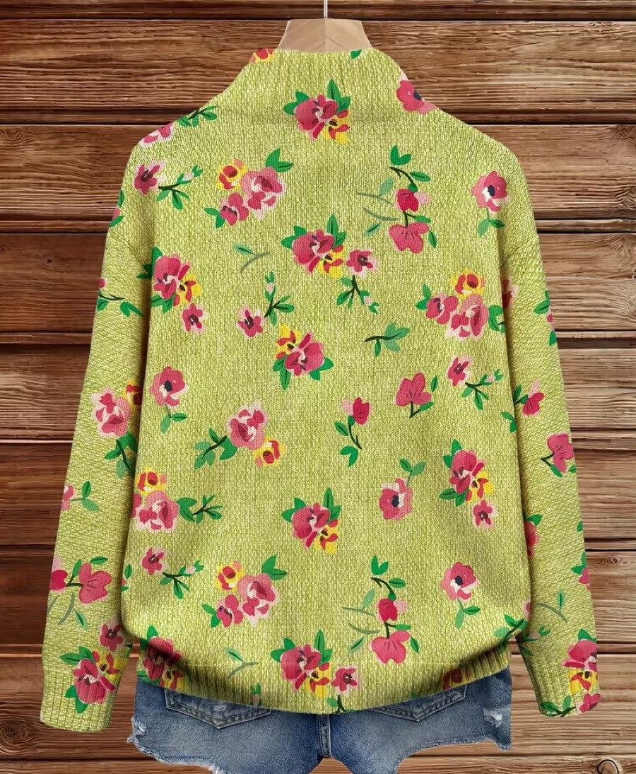 Donata | Cardigan con zip e fiori rosa su fondo lime