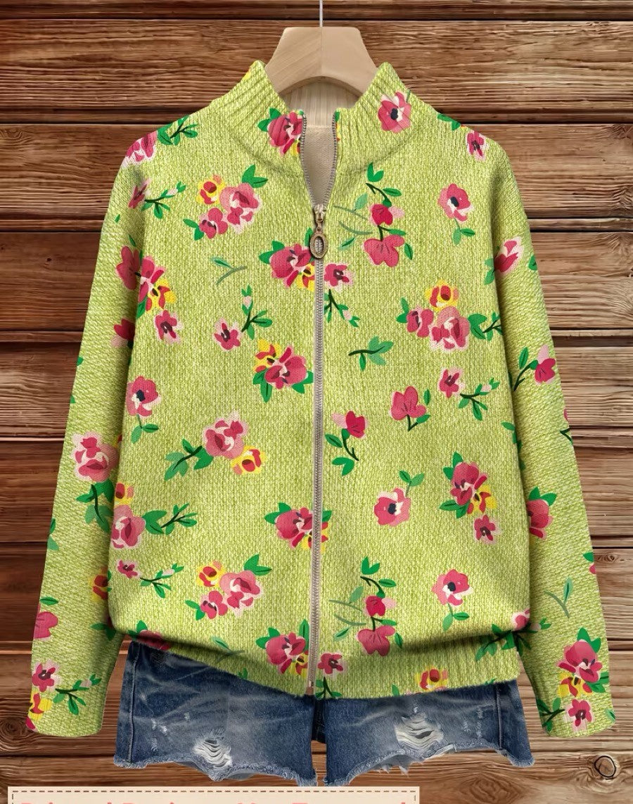 Donata | Cardigan con zip e fiori rosa su fondo lime