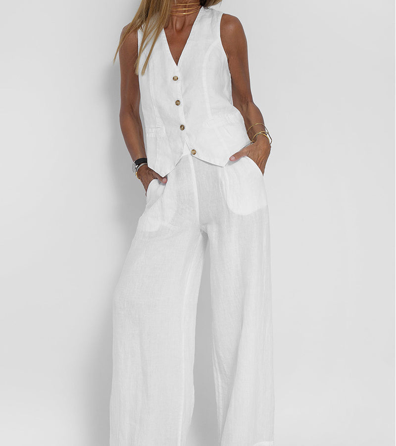 Completo Gilet Bottonato &amp; Pantalone Largo Daniela – colore Bianco
