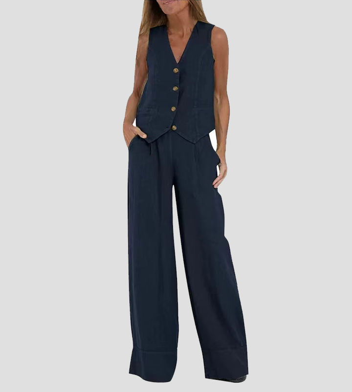 Completo Gilet Bottonato &amp; Pantalone Largo Daniela – colore Blu Marino