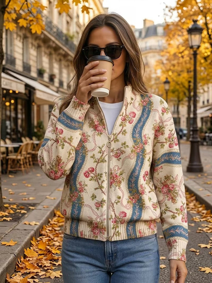 Fausta | Cardigan con zip, rose rampicanti e nastri