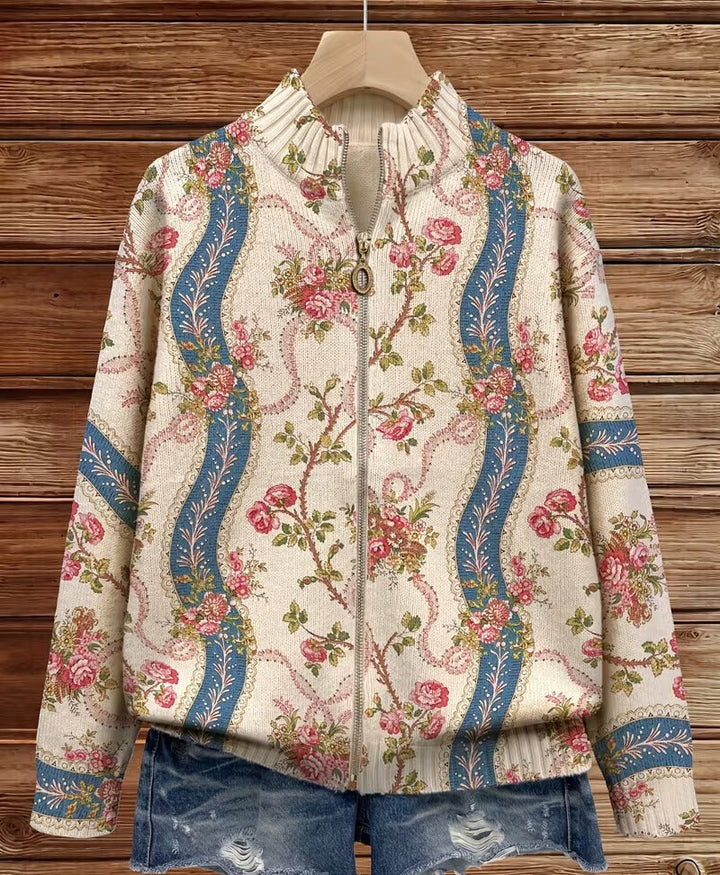 Fausta | Cardigan con zip, rose rampicanti e nastri