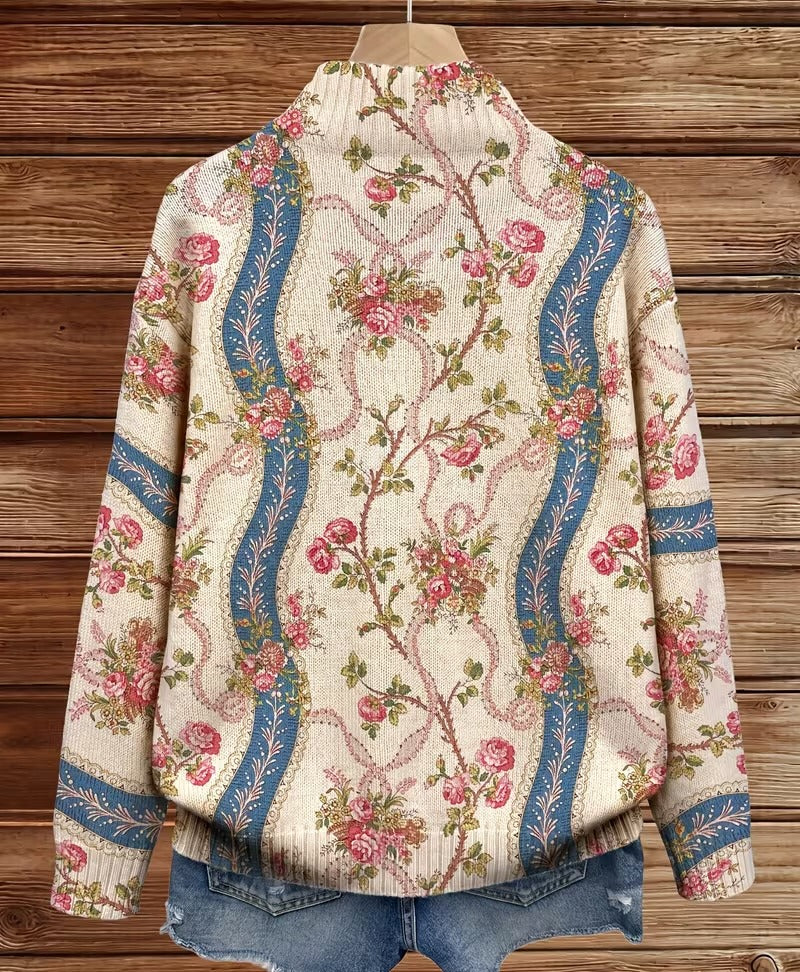 Fausta | Cardigan con zip, rose rampicanti e nastri