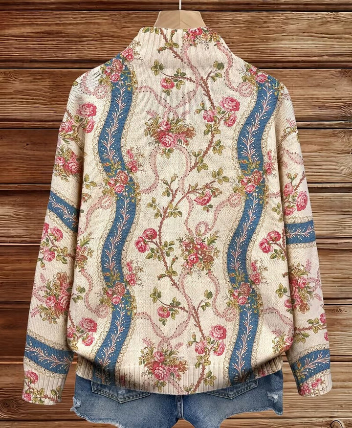 Fausta | Cardigan con zip, rose rampicanti e nastri