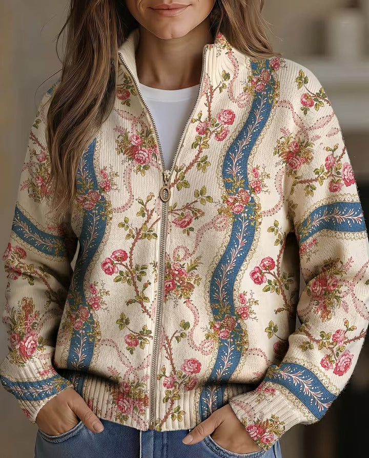 Fausta | Cardigan con zip, rose rampicanti e nastri