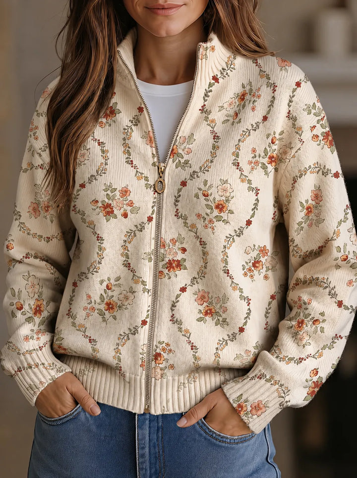 Elvira | Cardigan con zip e tralci fioriti su fondo crema