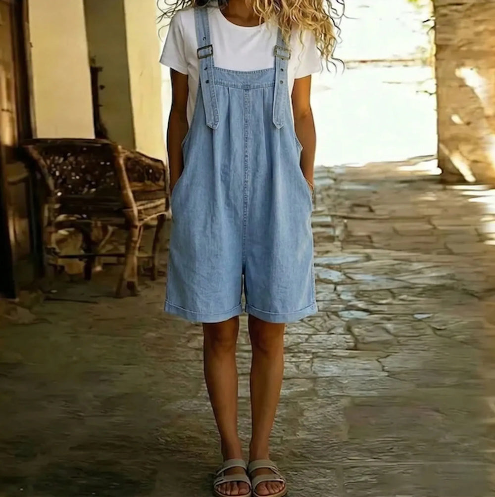 Salopette corta in denim dal morbido tocco di cotone Federica – foto 2