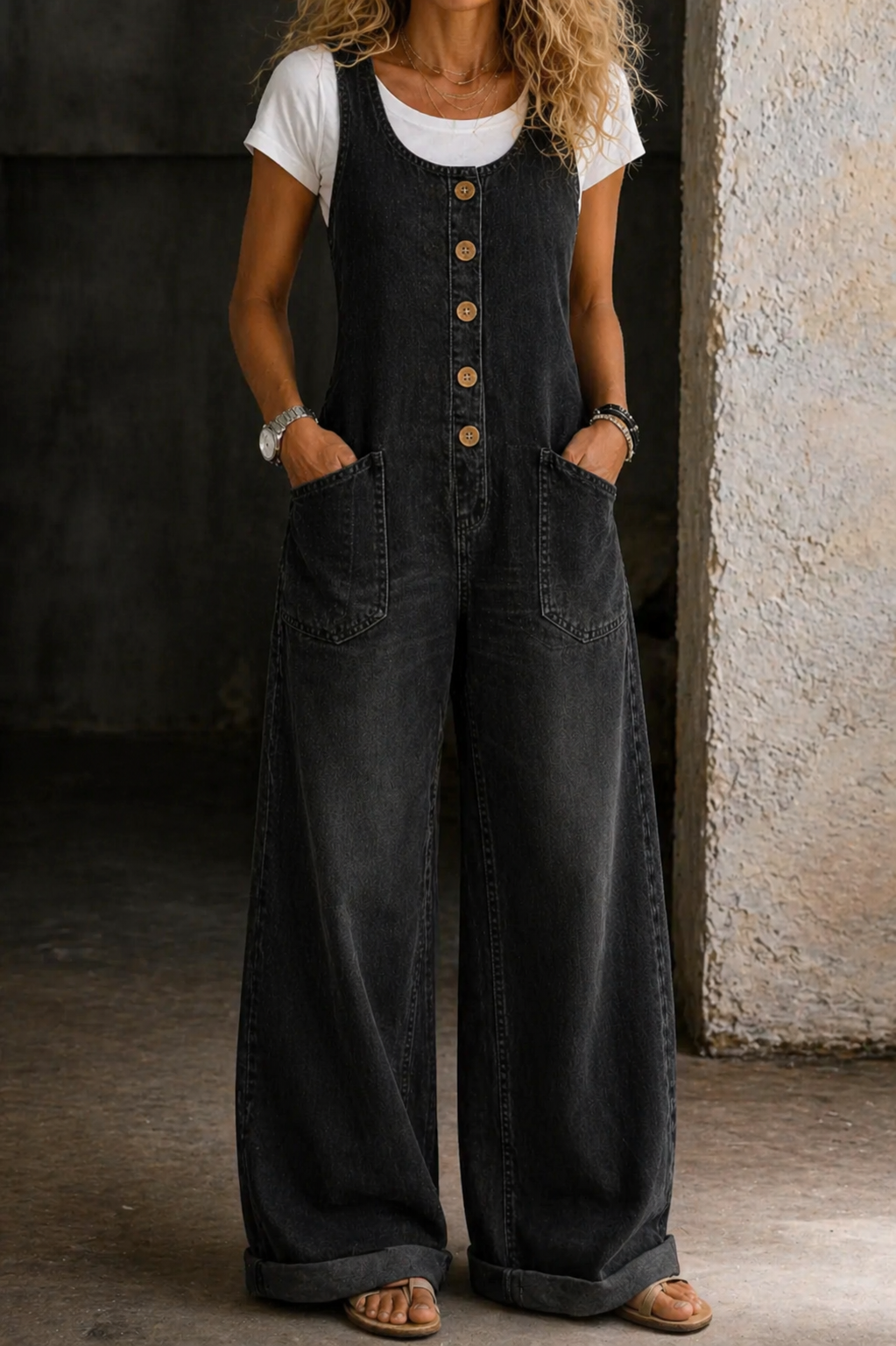 Salopette vintage in cotone lavato Irene – colore Nero
