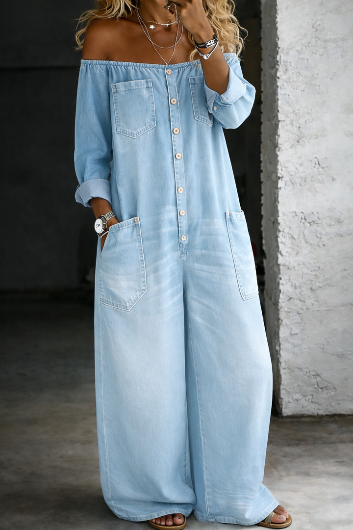 Jumpsuit a maniche lunghe con spalle scoperte Isabella – colore Azzurro