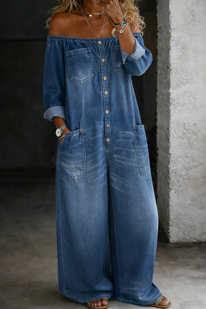 Jumpsuit a maniche lunghe con spalle scoperte Isabella – colore Blu