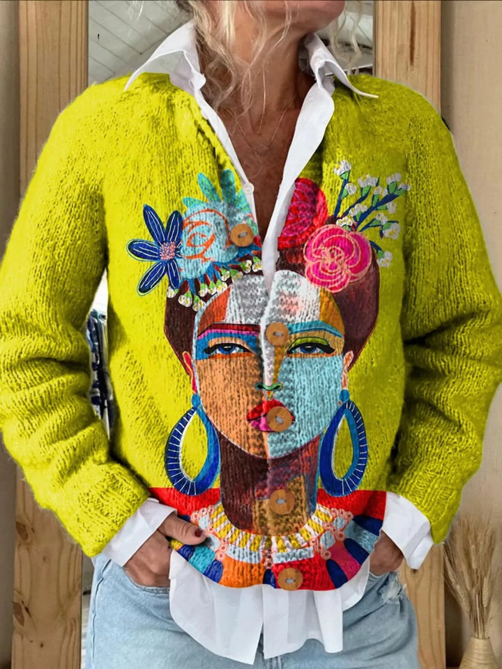 Lelia | Cardigan giallo con ritratto dipinto