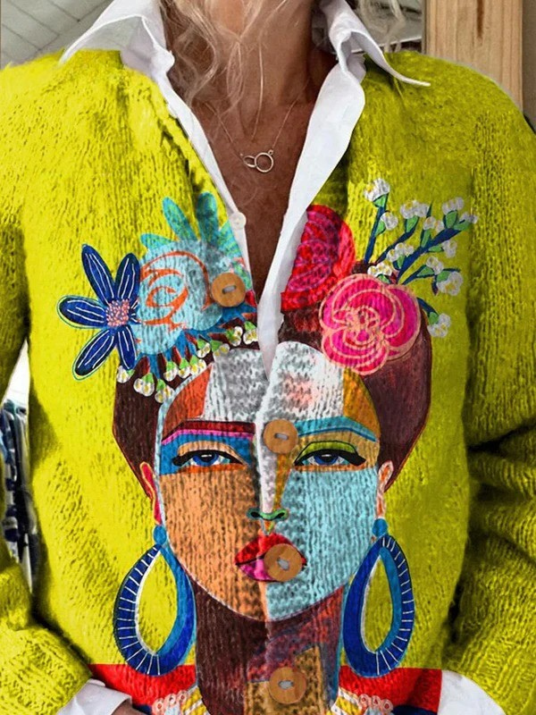 Lelia | Cardigan giallo con ritratto dipinto, foto 2
