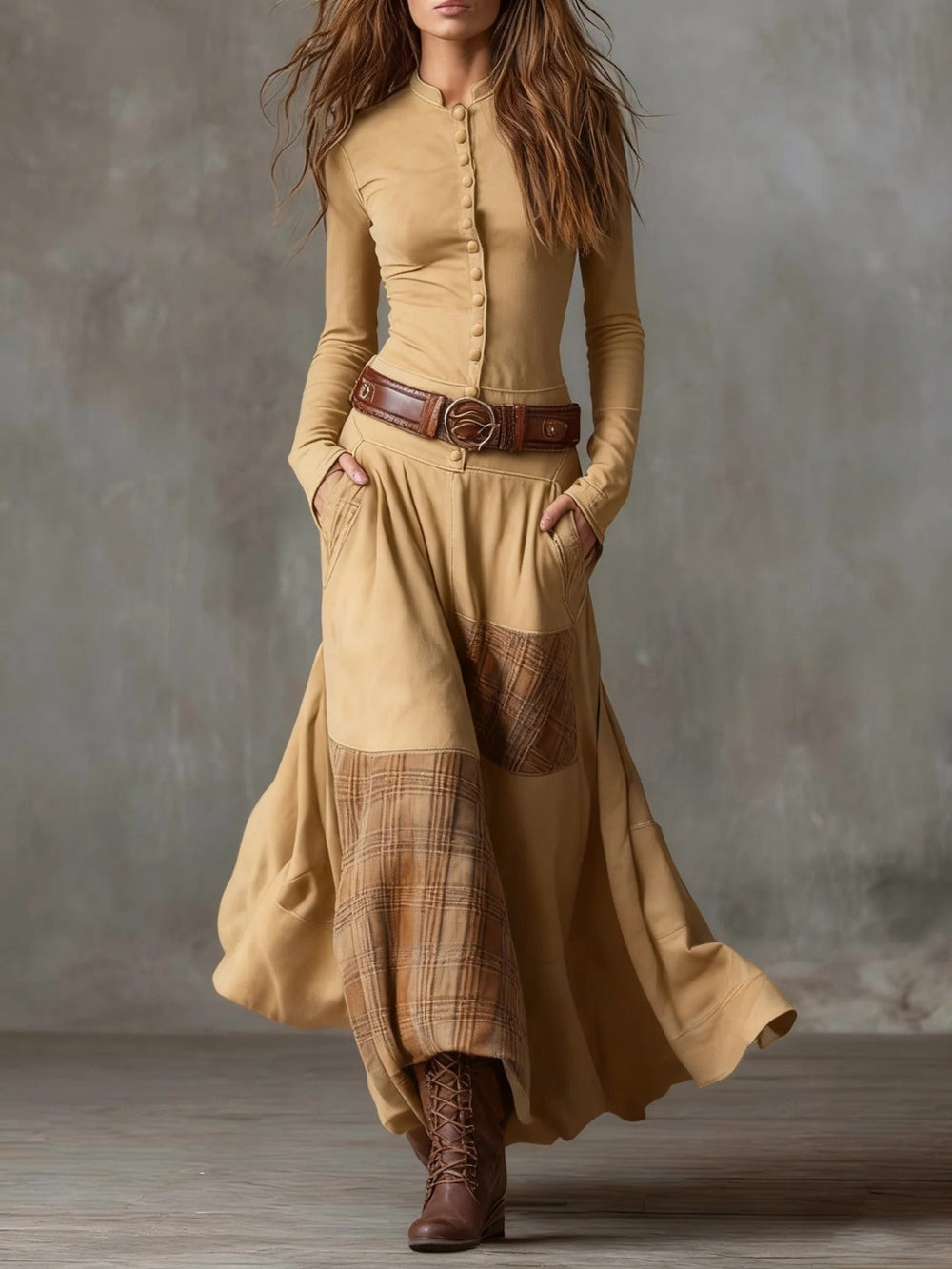 Livia | Abito lungo boho con cintura e inserti a quadri, foto 2